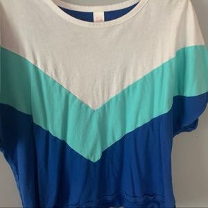 blue, aqua, and white cropped shirt
